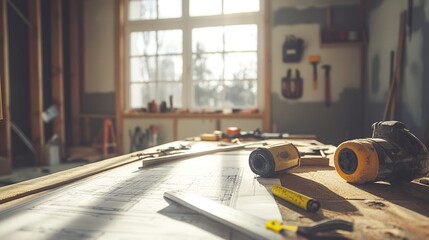 A worksite scene featuring a partially framed room addition, surrounded by tools such as a saw, hammer, and measuring tape, with a detailed blueprint spread out on a wooden table 
