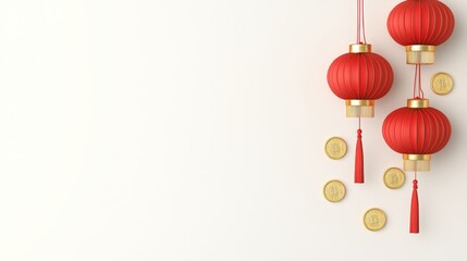 Chinese New Year Celebration, vibrant red lanterns and gold coins adorn the scene, ample space for festive messages and greetings