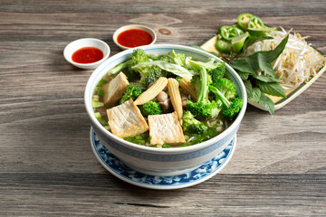 A view of a bowl of veggie pho.