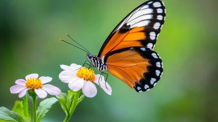 Fototapeta premium Butterfly on Flower, vibrant colors of a butterfly resting on a delicate bloom, soft blur enhances beauty, perfect for captions or quotes.