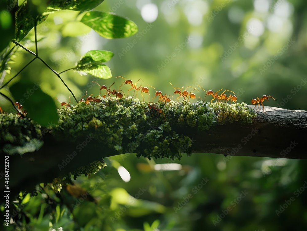 Poster group of ants walking on moss-covered branch in lush green forest with soft light filtering through 