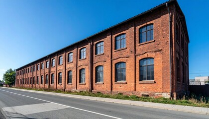 Old Red Brick Factory Building with Large Windows and Clear Sky