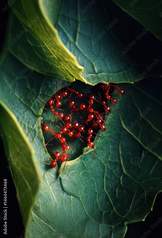 Poster group of red ants gathering underneath green leaves in a nature setting showcasing insect life and e