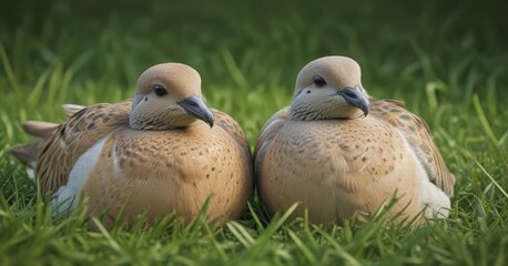 Two turtle doves nestled in green grass, close-up view ,  picture,  environment,  feathers
