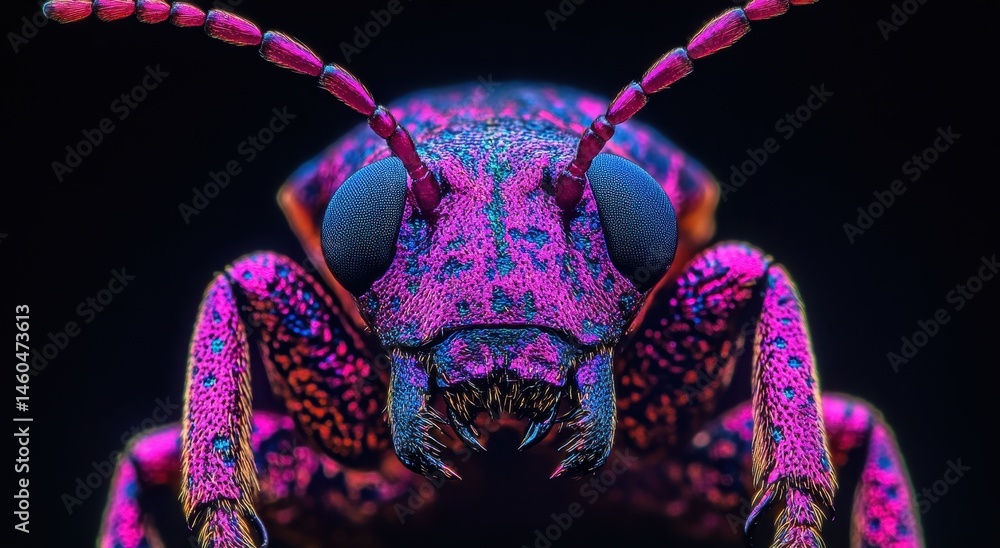 Poster highly detailed close-up of a colorful beetle with vibrant patterns and unique textures against a da