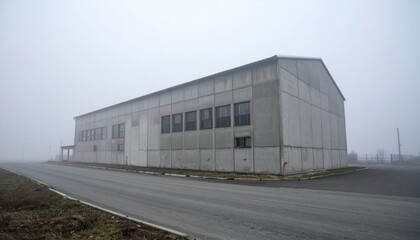 Obraz premium Industrial Building in Foggy Weather on Empty Roadside Setting