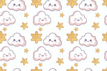 Cute Kawaii Cloud and Star Seamless Pattern. Adorable kawaii cloud and star seamless pattern perfect for baby products, kids fabric, and cute backgrounds. eps10