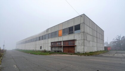 Obraz premium Foggy Urban Landscape with Abandoned Industrial Building Exterior