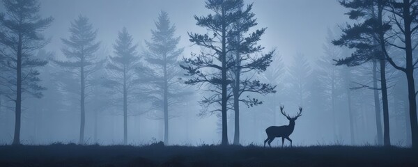 Misty forest silhouette of a deer vector, blue trees, animals, animal silhouette, misty forest