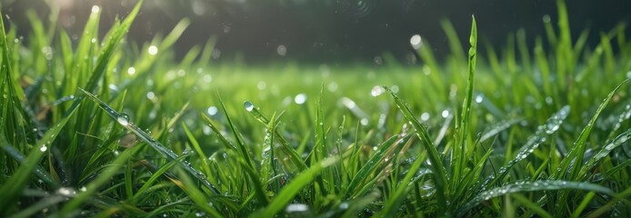 Vibrant green grass blades, dew drops glistening , planet, leaf