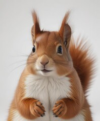 Fluffy red squirrel posed against pure white backdrop, wildlife, squirrel portrait, isolated