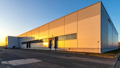 Obraz premium Modern Industrial Building with Sunset Reflection on Exterior Walls