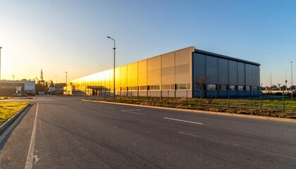 Obraz premium Modern Industrial Building with Sunset Reflection and Clear Road
