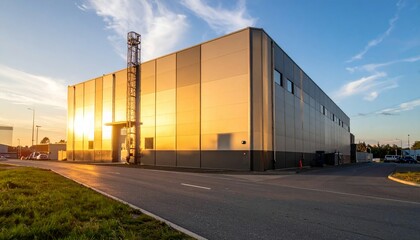 Industrial Warehouse Building with Sunset Reflection on Exterior