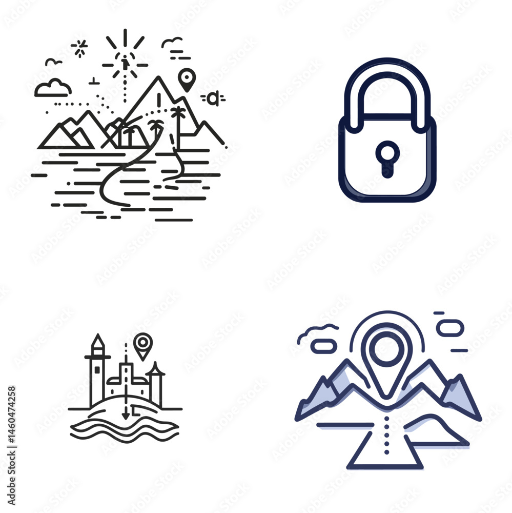 Poster four line art icons mountain, lock, cityscape, and map pointer with transparent bg