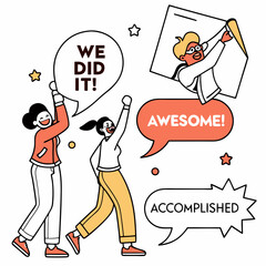 Celebrating Success Achieved Teamwork With Motivational Words And Speech Bubbles