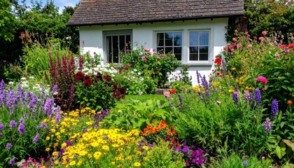 Charming Cottage Surrounded by Vibrant Colorful Flower Garden