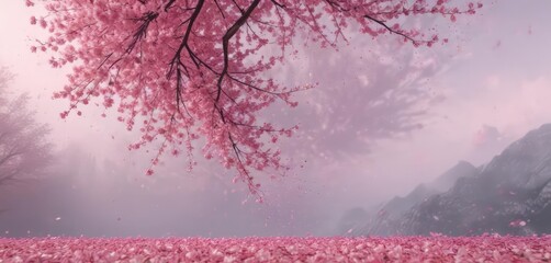 Mesmerizing swirl of pink sakura petals descending against a hazy, beautiful backdrop ,  romantic,  artistic