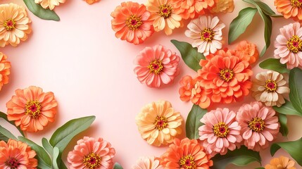 Beautiful orange and peach zinnias floral arrangement on pink background summer flowers soft leaf