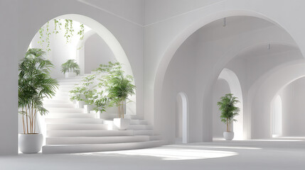 Fototapeta premium White interior with arched walls and a staircase, decorated with green plants. Minimalist architectural concept