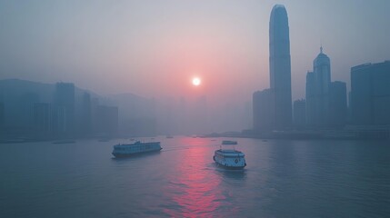 Fototapeta premium Hong Kong Skyline Sunrise Fog Ferry