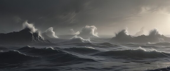 Ethereal mist rises from inky black ocean waves, soft focus ,  ominous,  fog