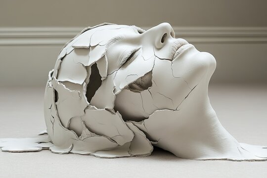A broken face sculpture laying on the floor, with cracks all over, breaking apart