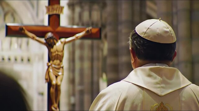 Back view of a catholic clergyman in white robe and zucchetto standing in prayer before a wooden crucifix of Jesus Christ inside an ornate cathedral with arched architecture.
