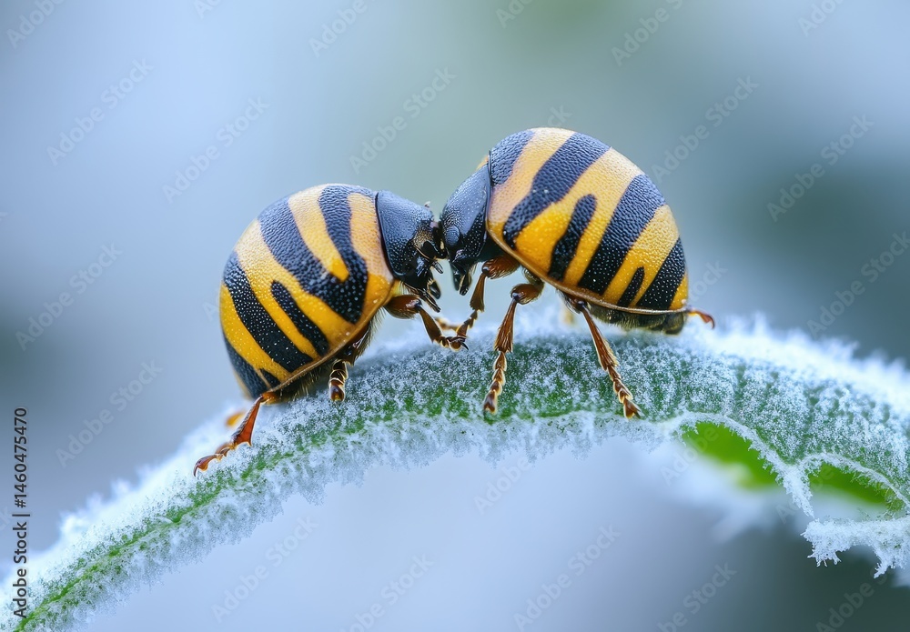 Poster macro view of two striped insects interacting on a frosty leaf in a natural habitat showcasing vibra