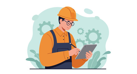 Construction worker wearing hard hat using digital tablet for project management vector illustration 