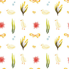 Hand drawn watercolor cute duck Seamless Pattern,  Watercolor seamless pattern with cute duck. Hand drawn cute  animals watercolor seamless pattern