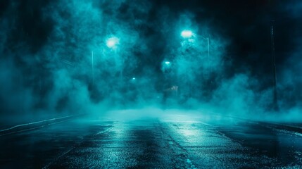 Fototapeta premium Mysterious Night Street Captured in Fog and Neon Glow
