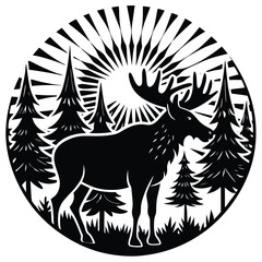 Fototapeta premium Majestic Moose Silhouette in a Sunburst Forest Landscape