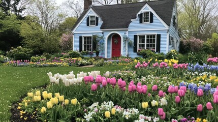Obraz premium Vibrant spring blooms surround a charming light blue house. Colorful tulips, daffodils, and other flowers fill the front yard beds. A manicured lawn and dark roof complete the scene