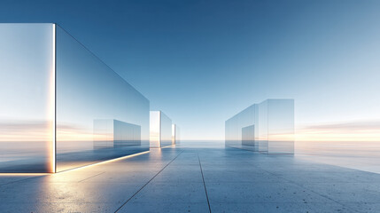 Modern glass building, outdoor background with clear sky and calm sea in the distance, two large flat walls made of mirrored material