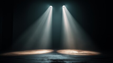 Spotlight's Aura: Two brilliant spotlights pierce the darkness, casting a dramatic illumination and evoking a sense of anticipation and mystery, creating a captivating play of light and shadow.