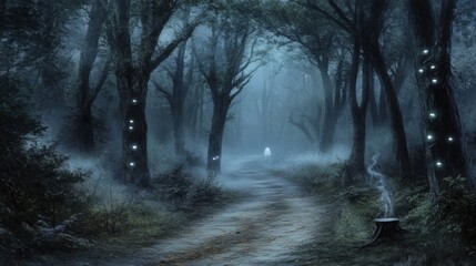 Obraz premium Mysterious, misty woodland path at night.