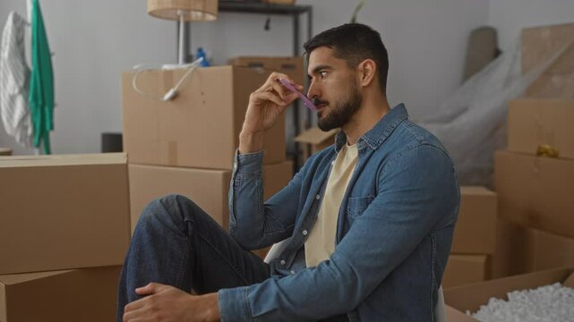 Young man wearing denim shirt sits among moving boxes in new home, contemplating while holding a pen, reflecting on future plans in living room filled with scattered items.