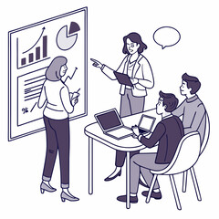 Business Meeting Presentation With Data Analysis Charts And Team Collaboration Concept