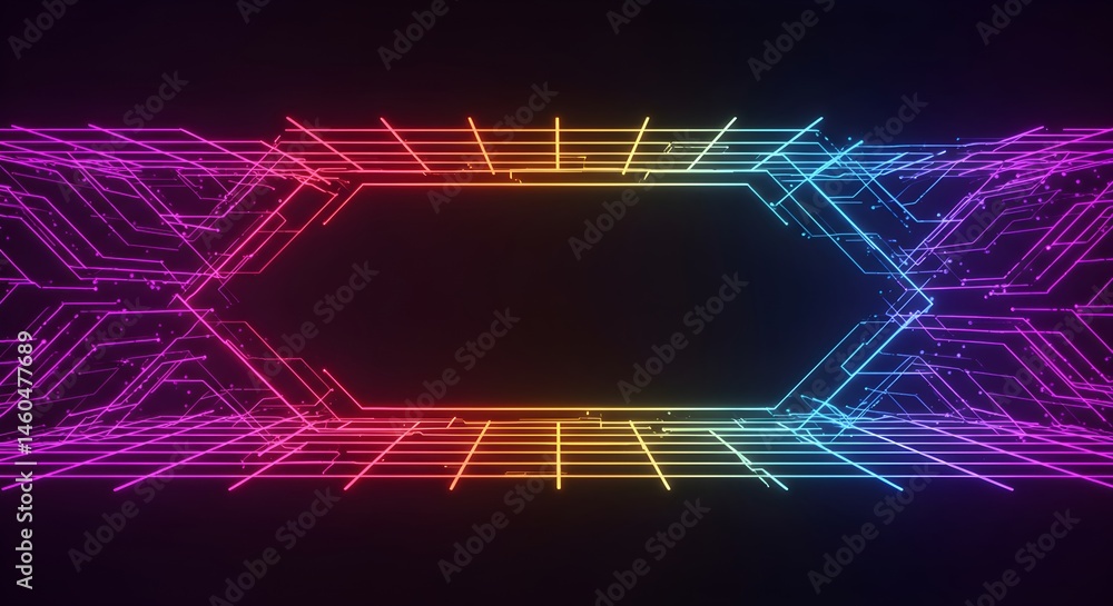 Poster neon circuit board frame with rainbow colors on dark background. futuristic technology concept. digi