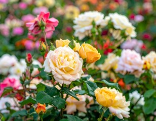 Colorful Garden of Roses in Bloom with Various Shades and Textures