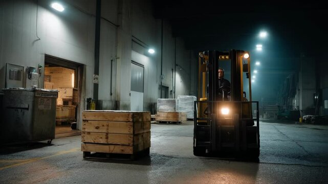 A nighttime scene of a forklift operating with bright overhead lights illuminating crates and pallets in a dimly lit storage facility.