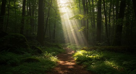 Obraz premium Sunlight filtering through a dense woodland path.