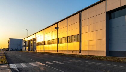 Fototapeta premium Industrial Building Facade Reflecting Warm Light at Sunset