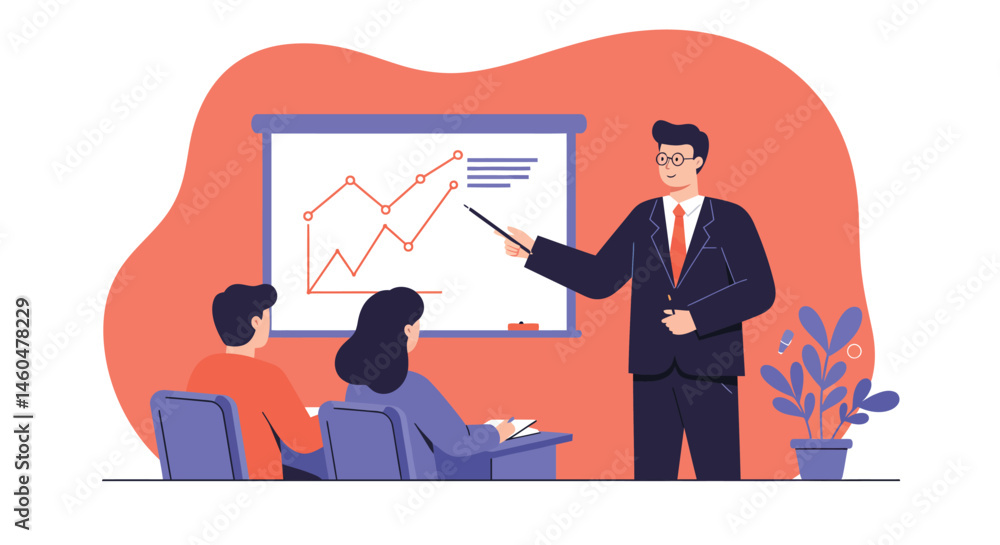 Poster business presentation with man explaining chart to colleagues in office setting vector illustration