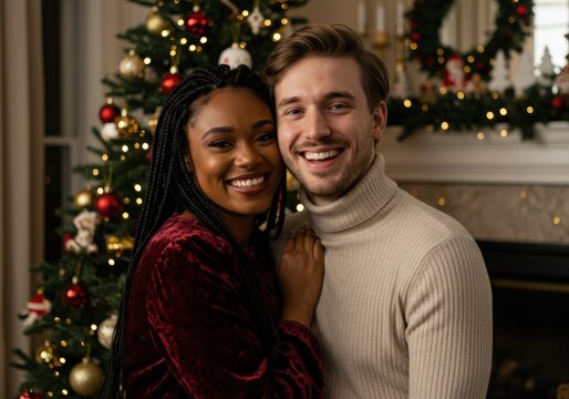 A loving and diverse couple smiles in front of a Christmas tree, capturing holiday joy.