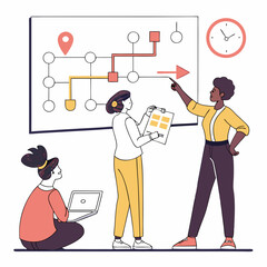 Team Planning Business Strategy With Timeline And Kanban Board In Office