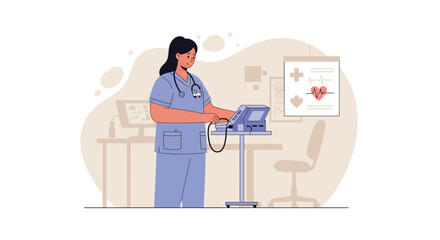 Nurse operating medical equipment in hospital room healthcare worker vector illustration 