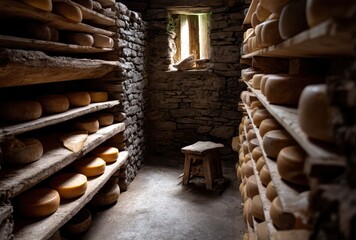 Rustic Cheese Cellar with Racks of Cheese and Natural Light Streaming Through Window in Stone Wall