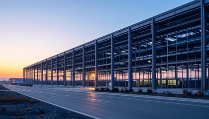Obraz premium Modern industrial building structure with glass facade at sunset